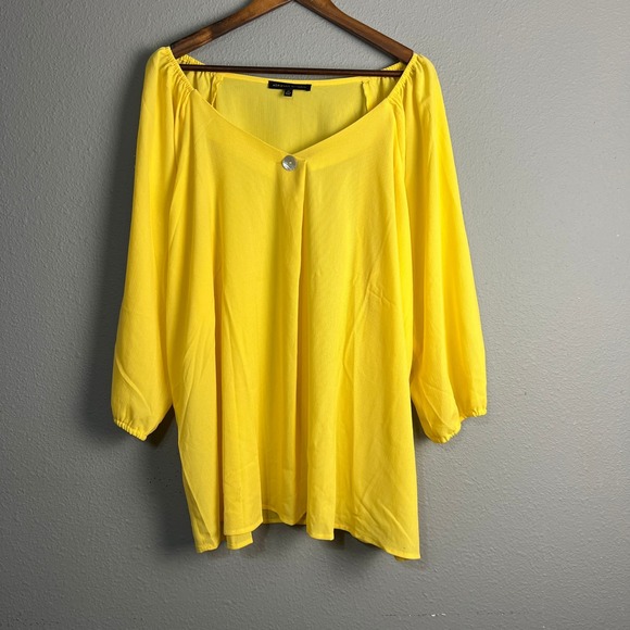 Adrienne Vittadini Knit Blouse Top 3/4 Sleeve Button Front Semi Sheer Yellow 3X - Picture 1 of 11